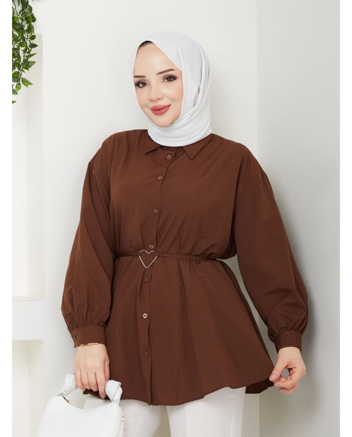 Kalp Tokalı Gömlek - Kahve